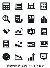 Set of vector isolated black icon - handshake vector, growth statistic, abacus, cash, receipt, news, calculator, pie graph, point, contract, credit card, arrow up, crisis, money search, investment