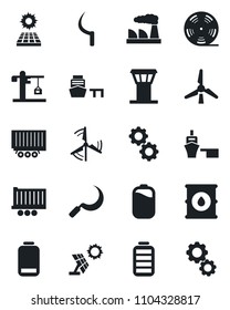 Set of vector isolated black icon - airport tower vector, factory, sickle, truck trailer, sea port, oil barrel, reel, battery, low, sun panel, windmill, crane, gear