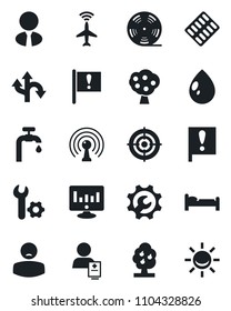 Set of vector isolated black icon - plane radar vector, bed, statistic monitor, water drop, pills blister, patient, route, important flag, reel, antenna, root setup, target, supply, fruit tree