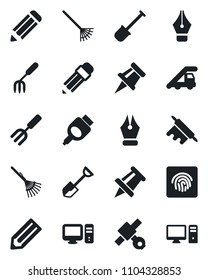 Set of vector isolated black icon - ladder car vector, drawing pin, pencil, garden fork, shovel, rake, satellite, hdmi, fingerprint id, ink pen, rolling, pc