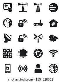Set of vector isolated black icon - antenna vector, clouds, satellite, user, network, wireless, smart home, chip, lock, router, control app, earth