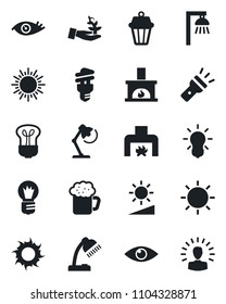 Set of vector isolated black icon - sun vector, bulb, eye, torch, brightness, desk lamp, fireplace, beer, energy saving, outdoor, palm sproute, shining head