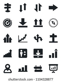 Set of vector isolated black icon - elevator vector, signpost, right arrow, growth statistic, route, navigation, up side sign, data exchange, download, compass, bar graph, target, presentation