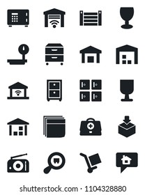 Set of vector isolated black icon - safe vector, checkroom, doctor case, container, fragile, cargo, warehouse, package, heavy scales, search, radio, blank box, archive, garage gate control