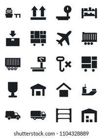 Set of vector isolated black icon - plane vector, sea shipping, truck trailer, car delivery, port, consolidated cargo, fragile, warehouse storage, up side sign, no hook, package, heavy scales, rack