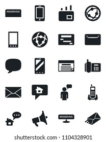 Set of vector isolated black icon - mobile phone vector, speaking man, mail, office, loudspeaker, network, message, reserved, home, schedule