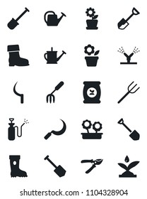 Set of vector isolated black icon - job vector, flower in pot, garden fork, shovel, farm, watering can, pruner, boot, sickle, sprayer, fertilizer, irrigation