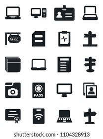 Set of vector isolated black icon - passport vector, identity, notebook pc, document, pulse clipboard, signpost, monitor, laptop, photo gallery, blank box, sale, pass card, certificate, guidepost
