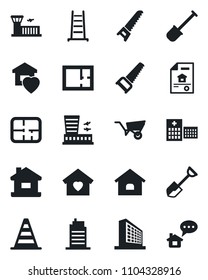 Set of vector isolated black icon - border cone vector, airport building, office, shovel, ladder, wheelbarrow, saw, hospital, house, plan, estate document, sweet home, city, message