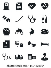 Set of vector isolated black icon - bed vector, medical room, heart pulse, diagnosis, stethoscope, blood pressure, pills, ampoule, scalpel, tomography, ambulance car, stomach, broken bone, hospital