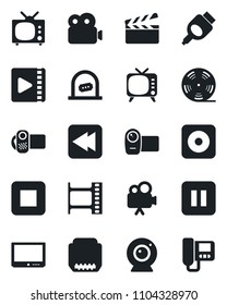 Set of vector isolated black icon - ticket office vector, clapboard, film frame, reel, tv, video camera, pause button, stop, rewind, rec, hdmi, web, intercome
