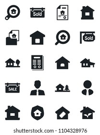 Set of vector isolated black icon - house vector, contract, with garage, tree, estate document, sale, sold signboard, search, agent, smart home, insurance, eco