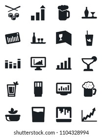 Set of vector isolated black icon - growth statistic vector, barcode, equalizer, scanner, monitor statistics, bar graph, alcohol, wine card, drink, cocktail, phyto, beer, salad, sushi