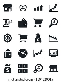 Set of vector isolated black icon - checkroom vector, money bag, monitor statistics, pie graph, hr, target, consumer search, arrow up, wallet, growth, crisis, cart, storefront