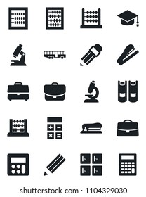 Set of vector isolated black icon - airport bus vector, checkroom, book, calculator, graduate, abacus, microscope, case, pencil, stapler