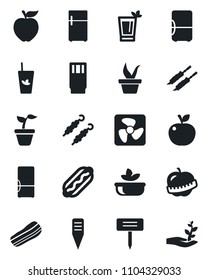 Set of vector isolated black icon - seedling vector, plant label, diet, fridge, drink, phyto bar, salad, bacon, kebab, hot dog, apple fruit, fan, palm sproute