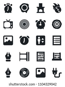 Set of vector isolated black icon - elevator vector, alarm clock, tv, abacus, stamp, fireplace, film frame, vinyl, flame disk, gallery, ink pen, power plug
