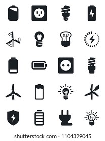 Set of vector isolated black icon - bulb vector, battery, low, protect, charge, windmill, socket, power plug, energy saving, idea