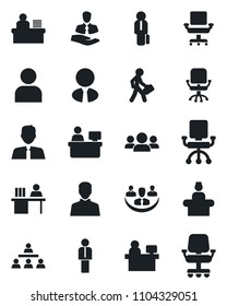 Set of vector isolated black icon - reception vector, manager, office chair, place, client, user, company, desk, hierarchy, estate agent, group