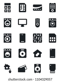 Set of vector isolated black icon - washer vector, calculator, monitor, speaker, phone back, sim, smart home, credit card, control, chip, remote, usb flash