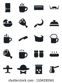 Set of vector isolated black icon - hot cup vector, sickle, seeds, coffee, fridge, restaurant table, reserved, reception, beer, salad, salt and pepper, bread, cafe, dress code, chicken, ham, knife