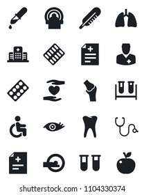 Set of vector isolated black icon - diagnosis vector, stethoscope, blood test vial, dropper, thermometer, pills blister, tomography, disabled, heart hand, lungs, tooth, eye, joint, hospital, doctor