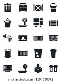 Set of vector isolated black icon - trash bin vector, bucket, watering, railroad, truck trailer, cargo container, consolidated, package, oil barrel, heavy scales, archive box, water filter