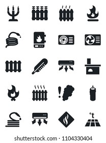 Set of vector isolated black icon - fire vector, hose, fireplace, thermometer, heater, air conditioner, candle, water, smoke detector, radiator, warm floor