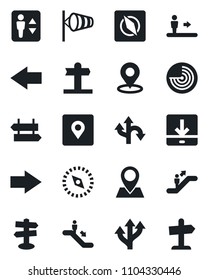 Set of vector isolated black icon - elevator vector, escalator, signpost, right arrow, left, wind, radar, route, pin, download, place tag, compass, guidepost