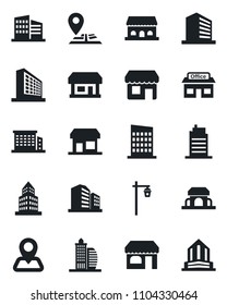 Set of vector isolated black icon - shop vector, office building, garden light, navigation, store, city house, cafe, storefront