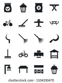 Set of vector isolated black icon - rake vector, sickle, garden light, picnic table, fertilizer, bike, restaurant, alcove, outdoor lamp