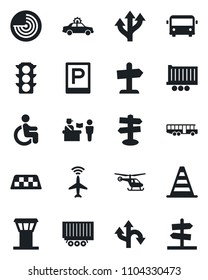 Set of vector isolated black icon - airport tower vector, plane radar, taxi, bus, parking, passport control, alarm car, border cone, helicopter, disabled, route, signpost, traffic light, guidepost