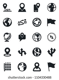 Set of vector isolated black icon - globe vector, seat map, route, navigation, earth, pin, mobile tracking, network, place tag, compass, flag