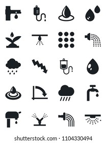 Set of vector isolated black icon - crisis graph vector, watering, water drop, rain, drip irrigation, dropper, menu, supply, sprinkler