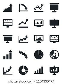Set of vector isolated black icon - growth statistic vector, presentation board, crisis graph, circle chart, monitor pulse, statistics, bar, pie, point