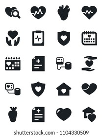 Set of vector isolated black icon - heart pulse vector, diagnosis, blood pressure, diagnostic, shield, hand, real, medical calendar, clipboard, sweet home