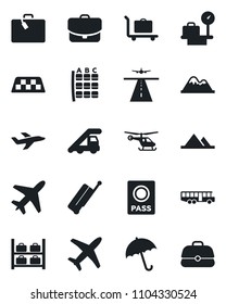 Set of vector isolated black icon - plane vector, runway, taxi, suitcase, baggage trolley, airport bus, umbrella, passport, ladder car, helicopter, seat map, luggage storage, scales, mountains, case