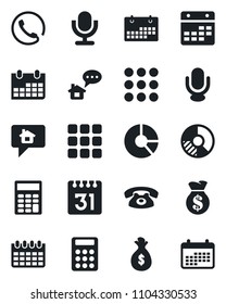 Set of vector isolated black icon - calendar vector, circle chart, microphone, menu, calculator, phone, home message, money bag