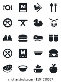 Set of vector isolated black icon - spoon and fork vector, picnic table, cafe, menu, salad, salt pepper, steak, hamburger, bowl, sushi, apple fruit