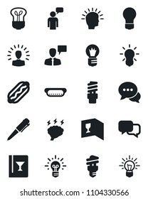 Set of vector isolated black icon - speaking man vector, pen, brainstorm, bulb, dialog, wine card, hot dog, energy saving, shining head, idea
