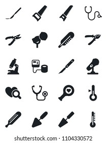 Set of vector isolated black icon - trowel vector, pruner, saw, stethoscope, blood pressure, thermometer, heart diagnostic, microscope, scalpel, microphone