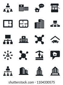 Set of vector isolated black icon - hierarchy vector, well, molecule, hospital, office building, garage, plan, home message