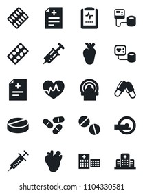 Set of vector isolated black icon - heart pulse vector, diagnosis, syringe, blood pressure, pills, blister, tomography, real, clipboard, hospital