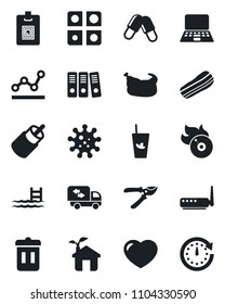 Set of vector isolated black icon - notebook pc vector, pruner, pills, virus, flame disk, heart, rca, application, identity card, point graph, paper binder, pool, moving, phyto bar, bacon, chicken