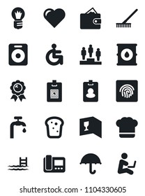 Set of vector isolated black icon - pedestal vector, medal, bulb, rake, heart, disabled, umbrella, oil barrel, speaker, fingerprint id, identity card, pool, water supply, cook hat, wine, bread, pass
