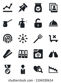 Set of vector isolated black icon - hierarchy vector, medal, farm fork, garden sprayer, fertilizer, heart diagnostic, lungs, no trolley, fingerprint id, photo gallery, drawing pin, point graph, lock