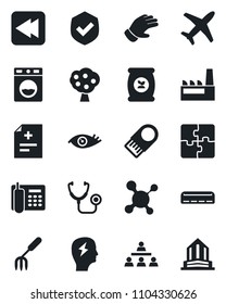 Set of vector isolated black icon - brainstorm vector, garden fork, glove, fertilizer, diagnosis, molecule, stethoscope, eye, plane, shield, rewind, application, office phone, hierarchy, fruit tree