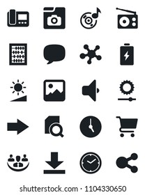 Set of vector isolated black icon - right arrow vector, abacus, radio, share, message, gallery, clock, download, brightness, music, photo, company, document search, intercome, sound, battery, cart