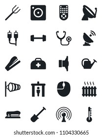 Set of vector isolated black icon - satellite antenna vector, security gate, wind, mouse, shovel, farm fork, watering can, doctor case, stethoscope, barbell, speaker, remote control, rca, stapler