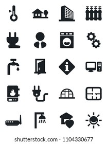 Set of vector isolated black icon - office building vector, greenhouse, house with tree, water supply, plan, estate agent, sweet home, power plug, heater, router, pc, gear, washer, thermometer, door